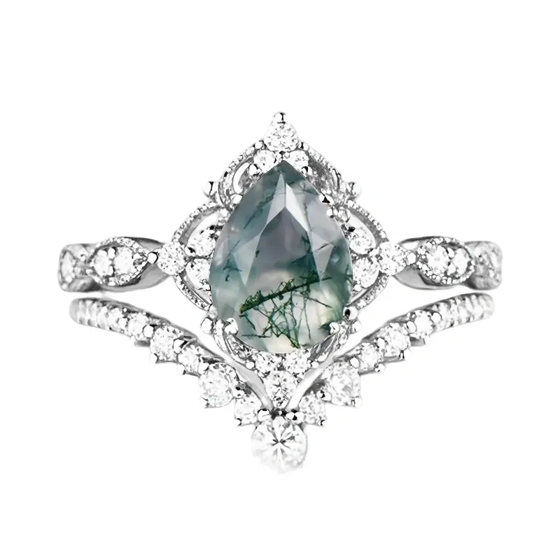 Ensemble de mariage en or blanc 14 carats et moissanite en agate mousse taille poire-1