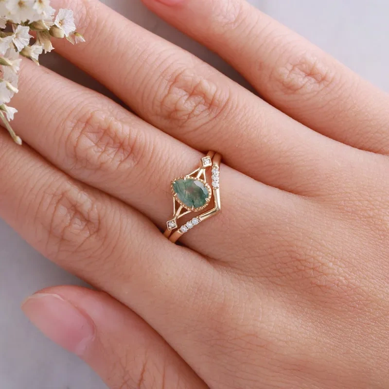 Ensemble de mariage en platine plaqué or blanc avec moissanite en agate mousse taille poire-2