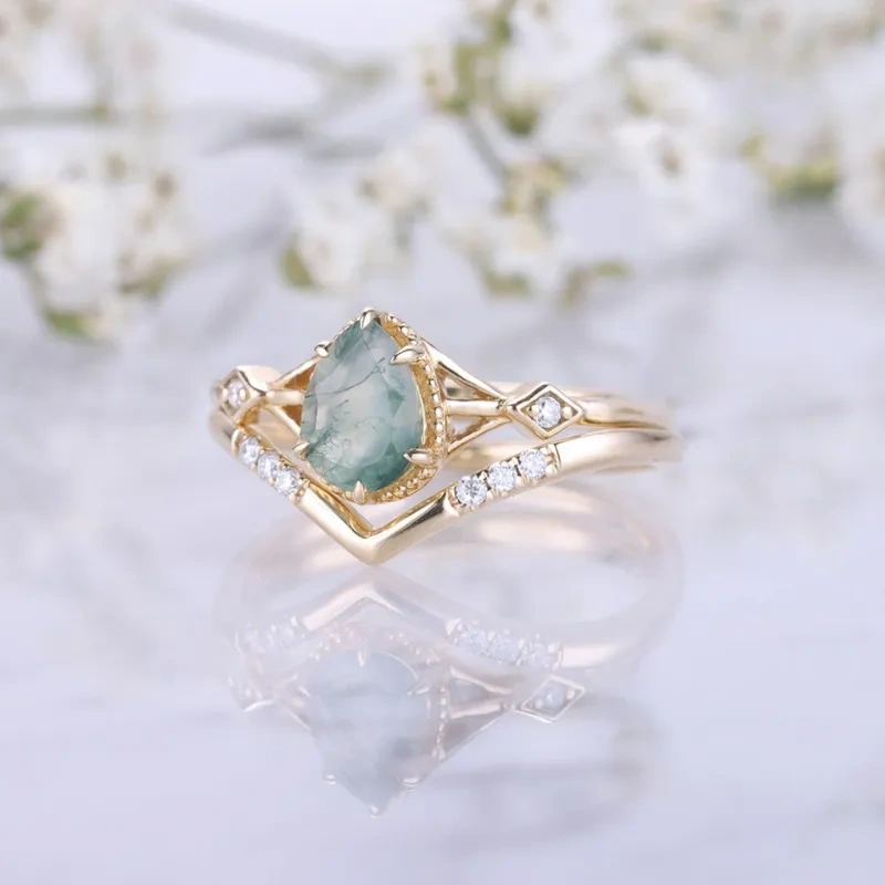Ensemble de mariage en platine plaqué or blanc avec moissanite en agate mousse taille poire-3