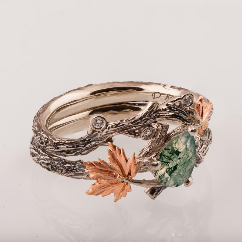 Sterling Silver with Yellow Gold Plated Pear Cut Moss Agate Wedding Ring-5