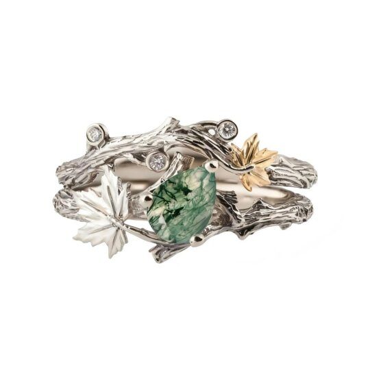 10K White Gold 1 to 6 CT Pear Cut Moss Agate Natural Inspired Wedding Ring Bridal Set
