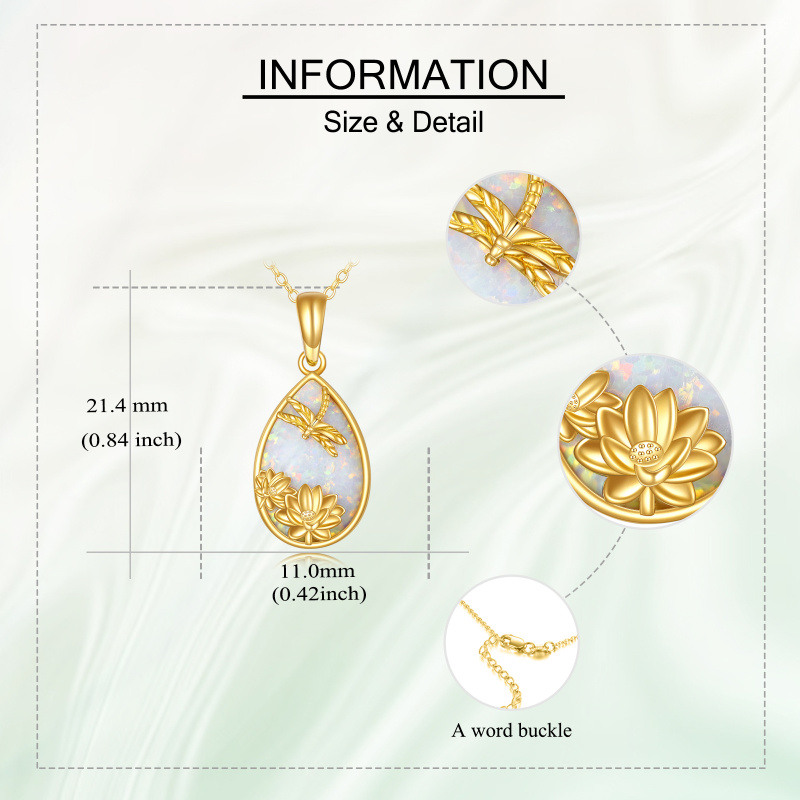 Collier pendentif en or 10 carats en forme de poire, opale, libellule et lotus-5