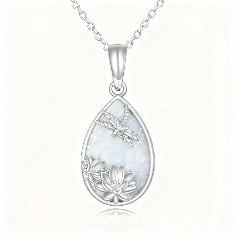 Collier pendentif en or blanc 10 carats avec opale taille poire, libellule, lotus et forme de goutte-12