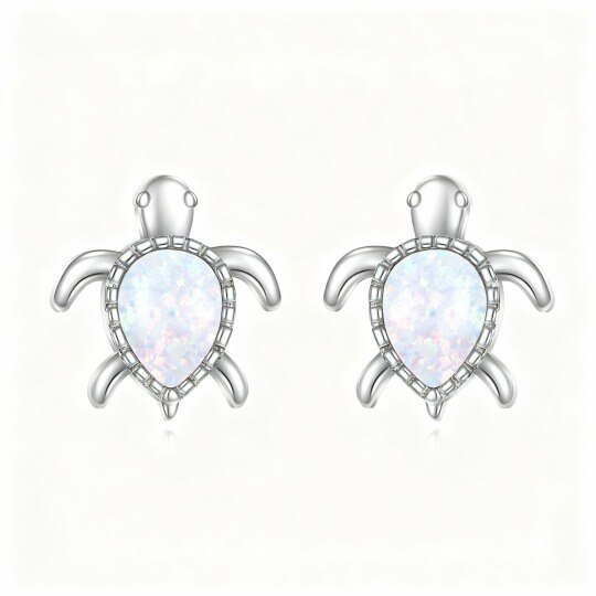 14K White Gold Pear Cut Opal Sea Turtle Stud Earrings