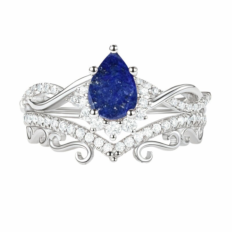 Ensemble de mariage en or rose 14K avec saphir taillé en poire et lapis-lazuli pour femme-1