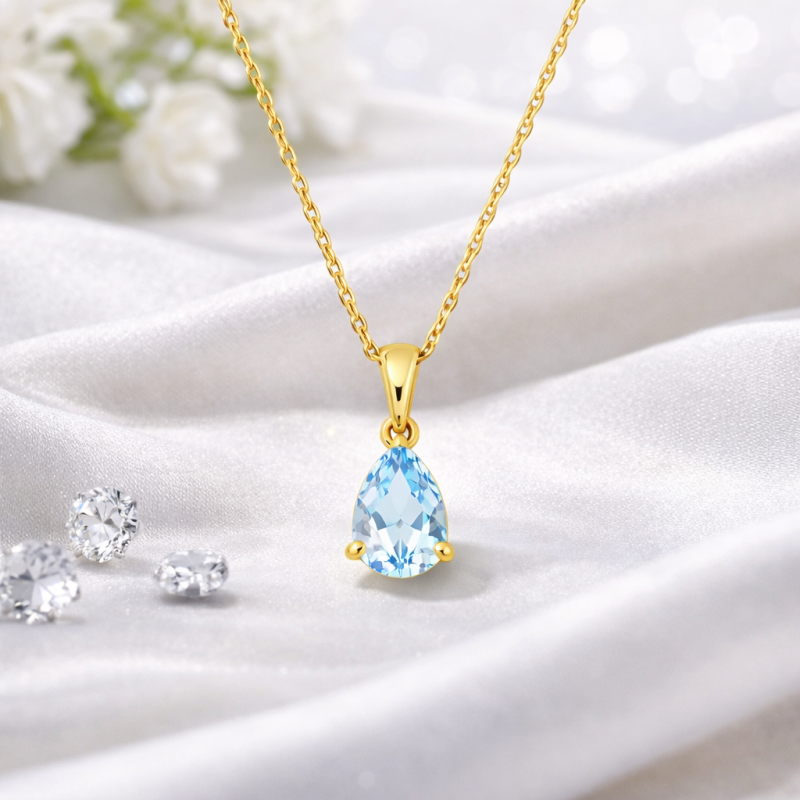 14K White Gold Pear Cut Topaz Drop Shape Pendant Necklace-3