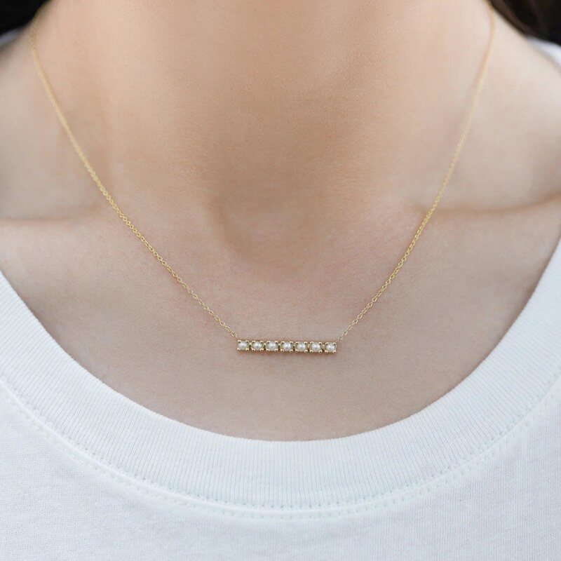 10K Rose Gold Pearl Bar Bar Necklace-2