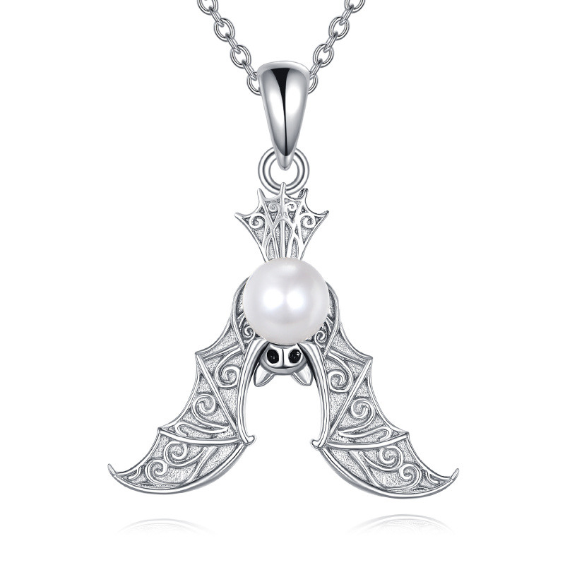 Collier pendentif chauve-souris en or blanc 10 carats et perle-1