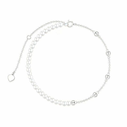 10K White Gold Pearl Bead Bead Station Chain Bracelet