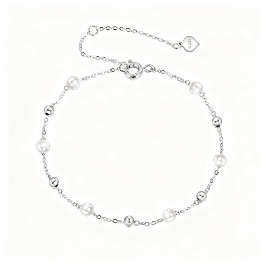 10K White Gold Pearl Bead Bead Station Chain Bracelet