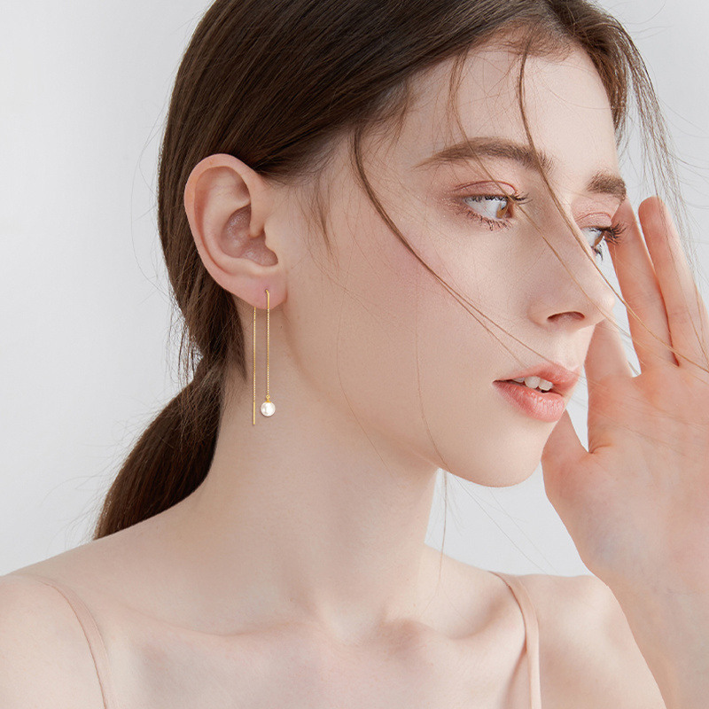Boucles d'oreilles grimpantes en perles et perles d'or 10 carats-2