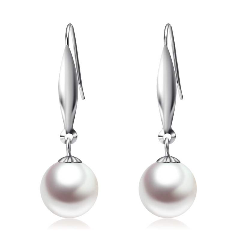 18K White Gold Pearl Bead Drop Earrings-3