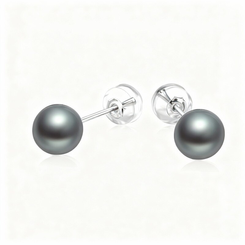 Platinum with White Gold Plated Pearl Bead Stud Earrings-1