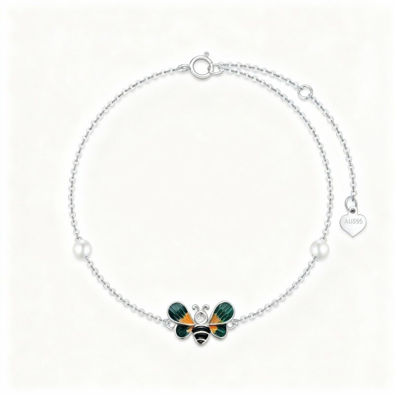 Pulsera con dije de abeja y perla en oro blanco de 14 quilates-1