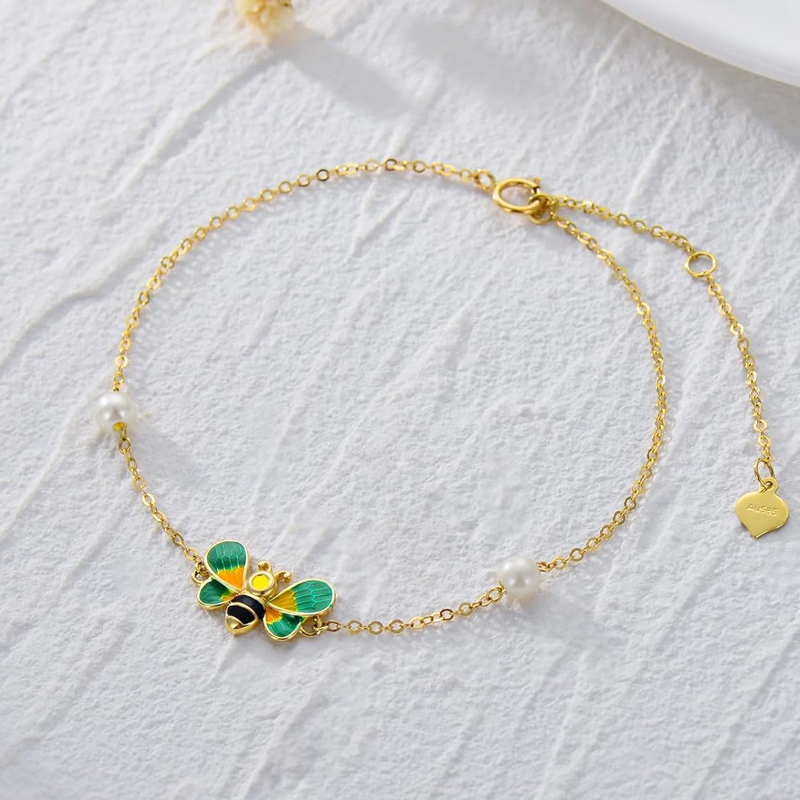 Tobillera de oro rosa de 14 quilates con dije de abeja y perla de una sola capa-3
