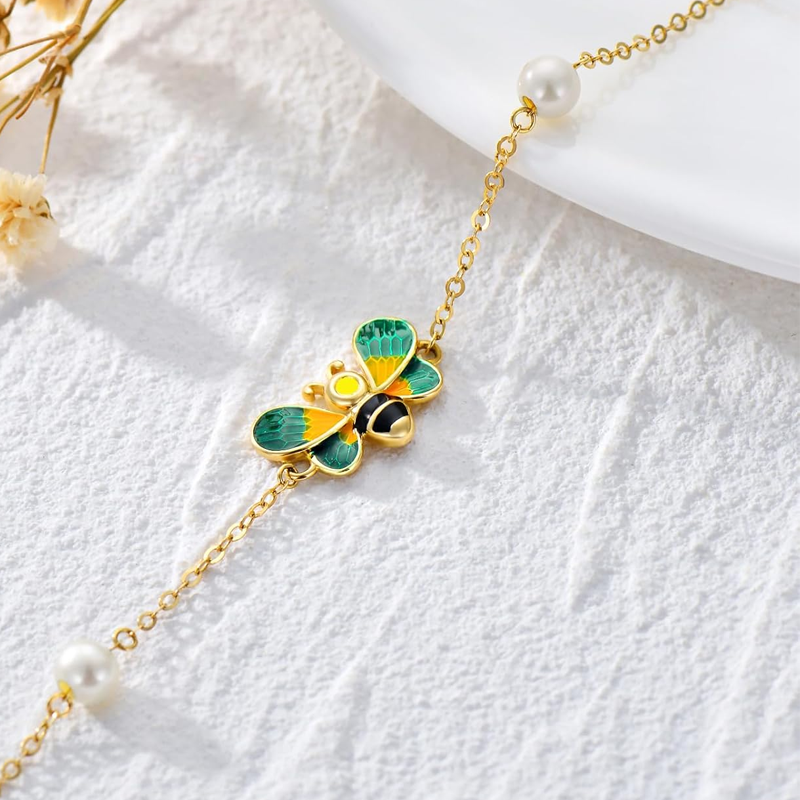 Tobillera de oro rosa de 14 quilates con dije de abeja y perla de una sola capa-4