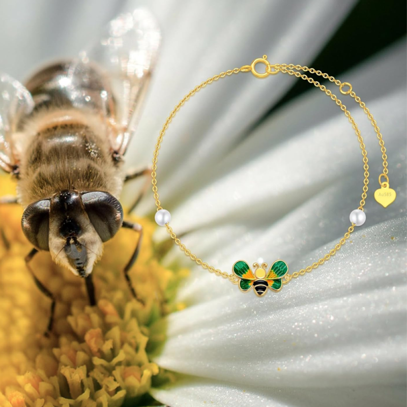 Tobillera de oro rosa de 14 quilates con dije de abeja y perla de una sola capa-5