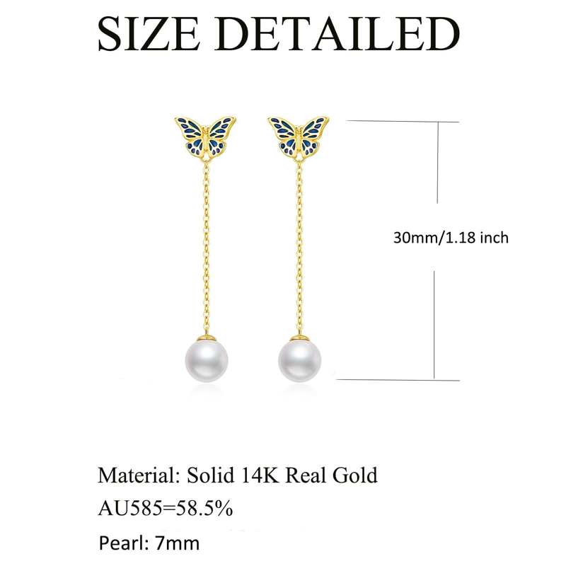 Boucles d'oreilles pendantes papillon en or 18 carats et perles pour femmes-3