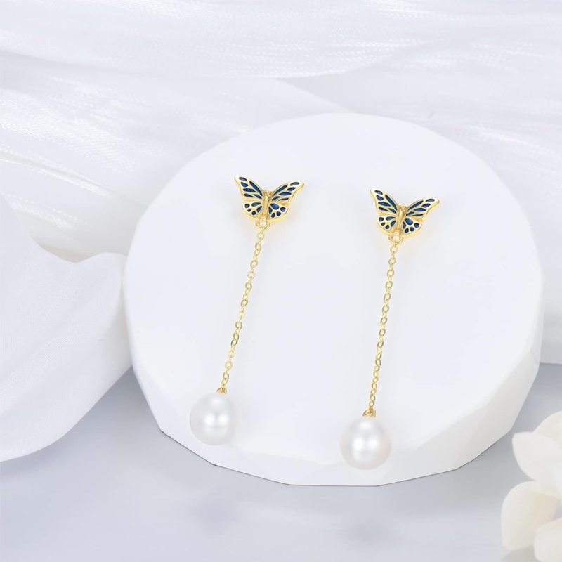 Boucles d'oreilles pendantes papillon en or 18 carats et perles pour femmes-4