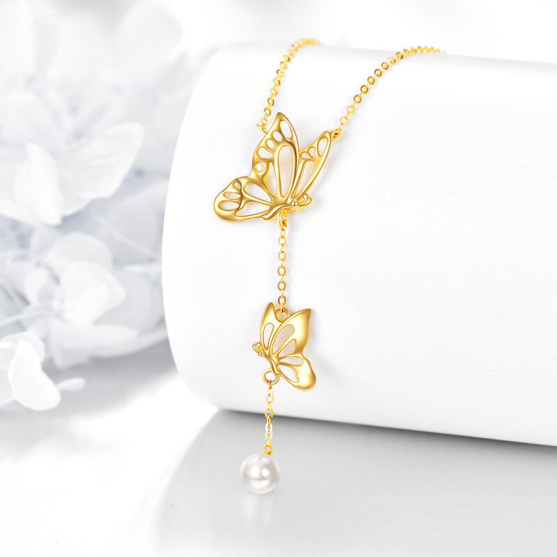 Collar en Y no ajustable con mariposa de perlas y oro de 14 quilates-3