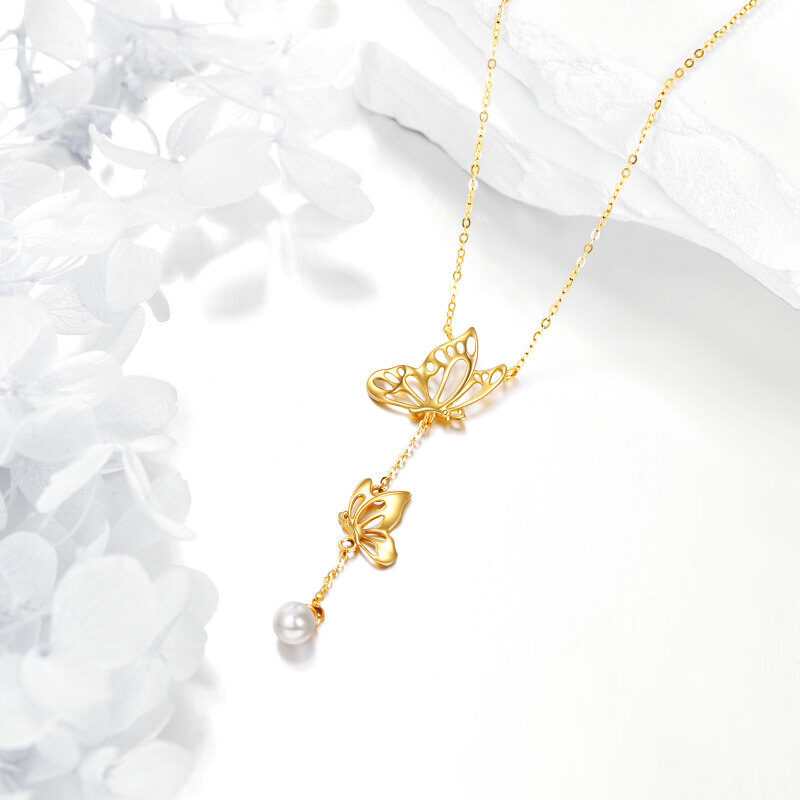 Collar en Y no ajustable con mariposa de perlas y oro de 14 quilates-4