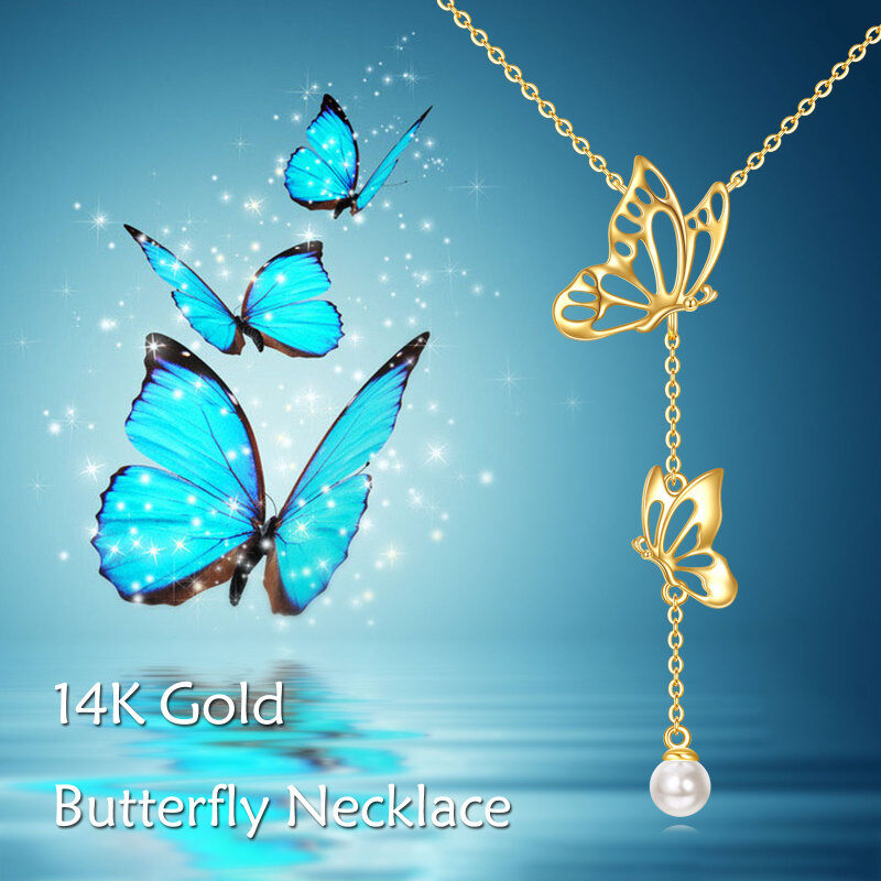 Collar en Y no ajustable con mariposa de perlas y oro de 14 quilates-6