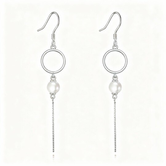 Boucles d'oreilles pendantes rondes en or blanc 10 carats et perles