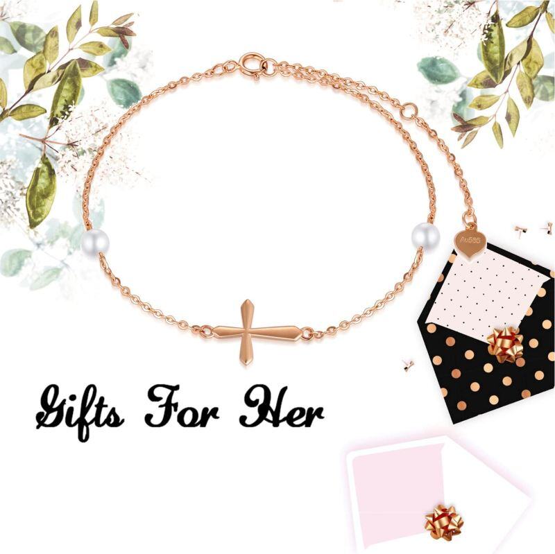 Pulsera con dije de cruz de perlas en oro rosa de 18 quilates-3