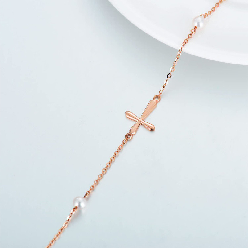 Pulsera con dije de cruz de perlas en oro rosa de 18 quilates-4