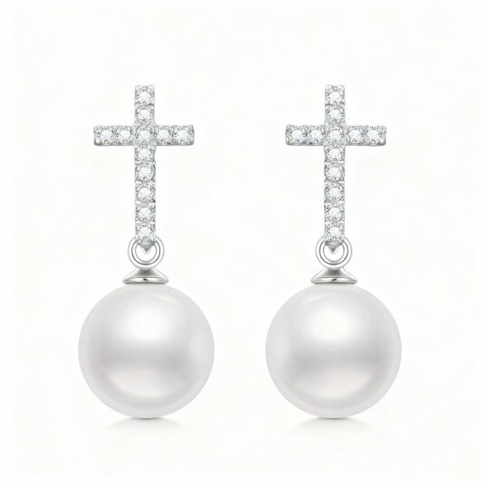 Boucles d'oreilles pendantes en or blanc 10 carats avec perles et croix