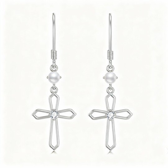 Boucles d'oreilles pendantes en or blanc 10 carats avec perles et croix