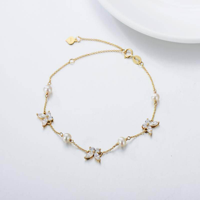 Pulsera con dije de mariposa de oro rosa de 18 quilates, perla y circonita cúbica-3