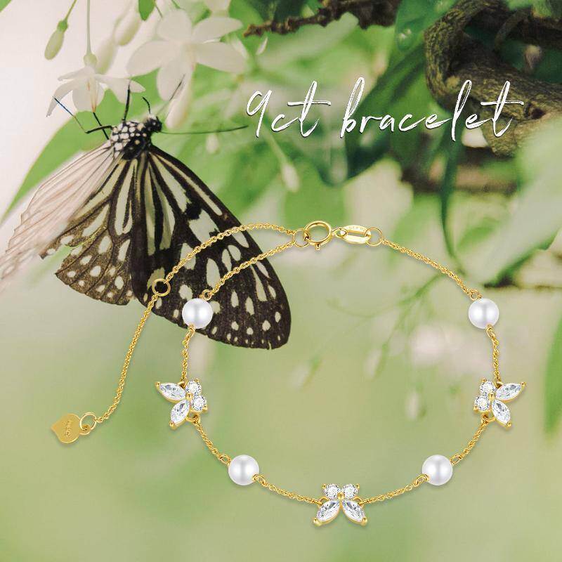 Pulsera con dije de mariposa de oro rosa de 18 quilates, perla y circonita cúbica-5