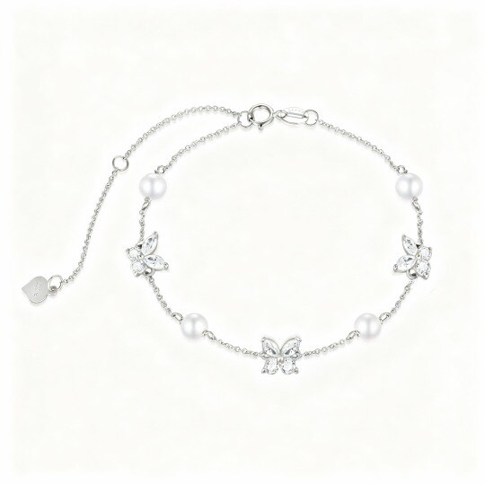 9K White Gold Pearl & Cubic Zirconia Butterfly Charm Bracelet