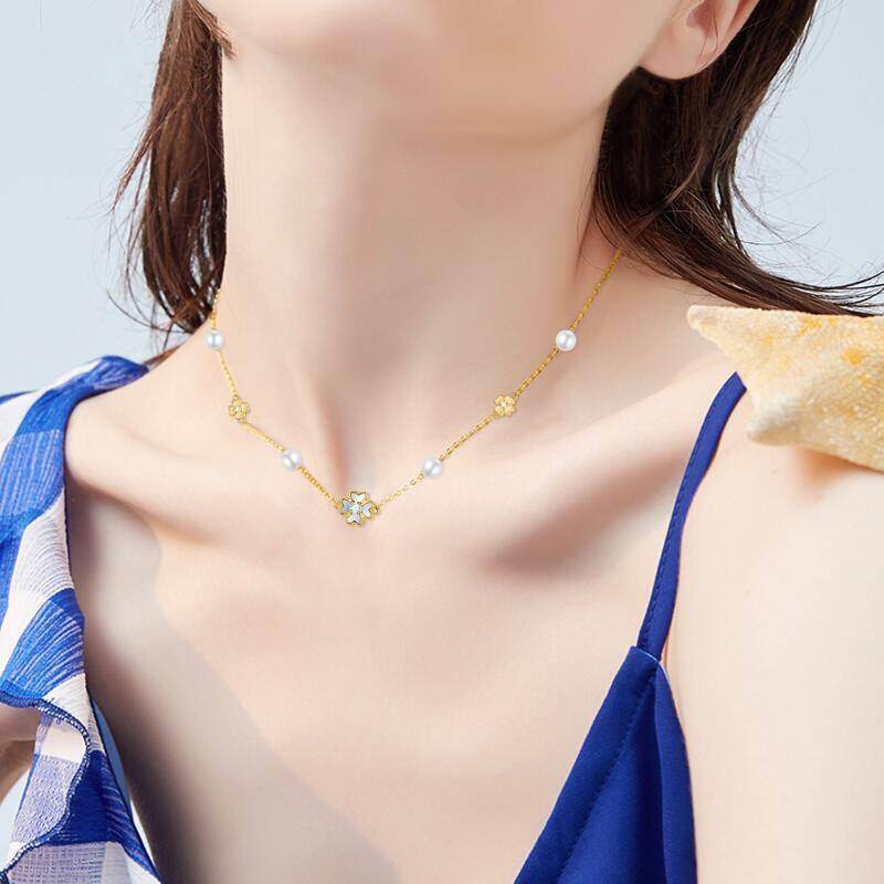 Gargantilla de metal con forma de trébol de cuatro hojas, perla y circonita cúbica en oro rosa de 10 quilates-2