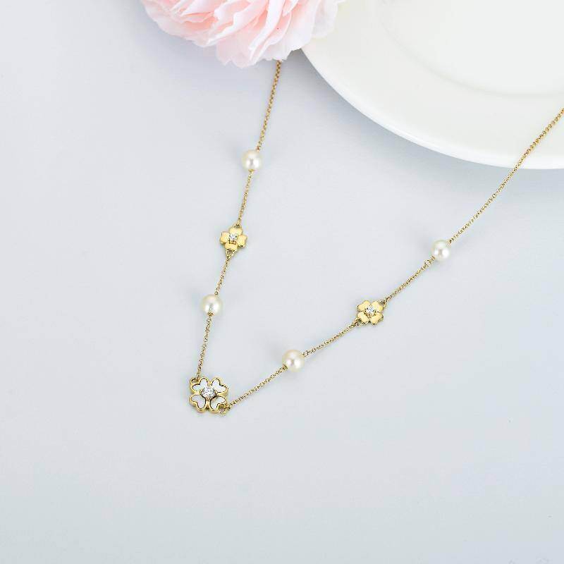 Gargantilla de metal con forma de trébol de cuatro hojas, perla y circonita cúbica en oro rosa de 10 quilates-3