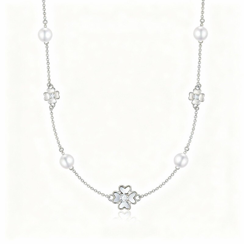 Gargantilla de oro blanco de 10 quilates con perlas y circonitas cúbicas en forma de trébol de cuatro hojas-1