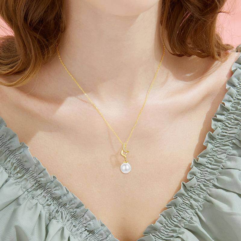 14K Gold Pearl & Cubic Zirconia Infinite Symbol Pendant Necklace-2