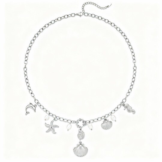 10Kホワイトゴールドパールドルフィン＆タツノオトシゴ＆ヒトデ＆シェルペンダントネックレス