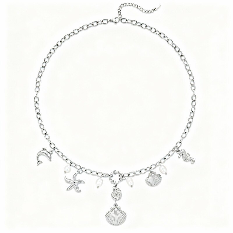 Collier pendentif en or blanc 10 carats avec perles, dauphin, hippocampe, étoile de mer et coquillage-18