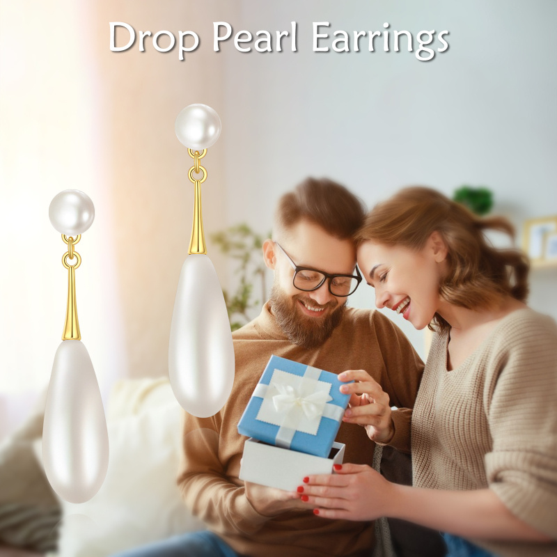 10K White Gold Pearl Drop Shape Drop Earrings-6