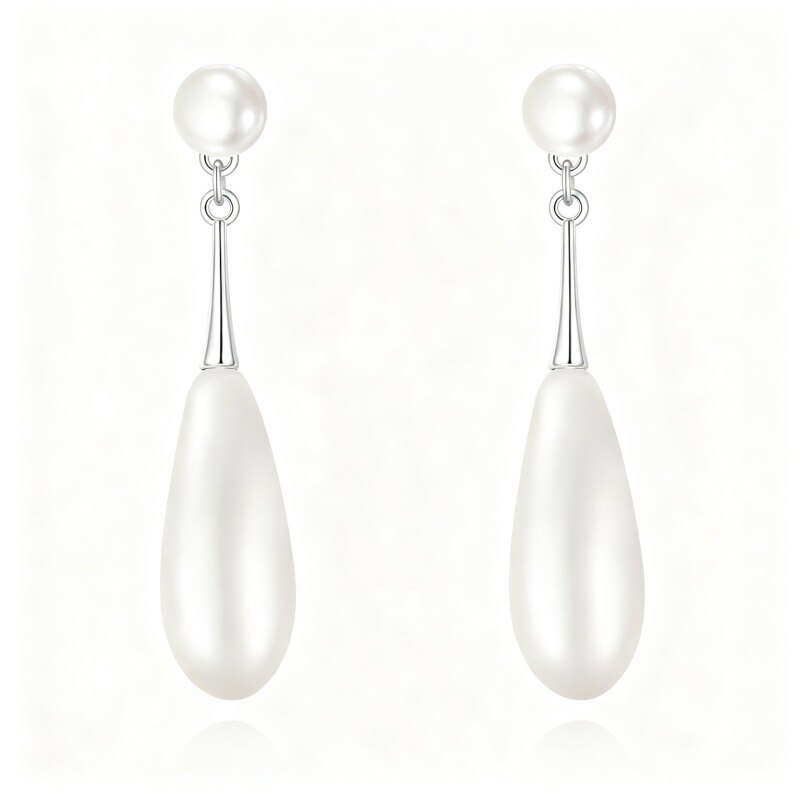 10K White Gold Pearl Drop Shape Drop Earrings-1