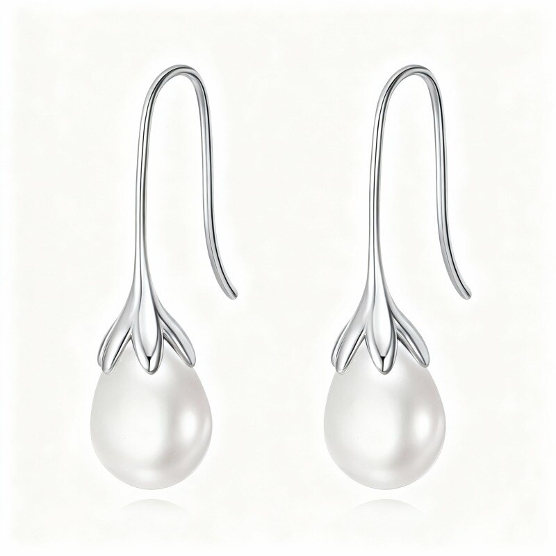 10K White Gold Pearl Drop Shape Drop Earrings-1