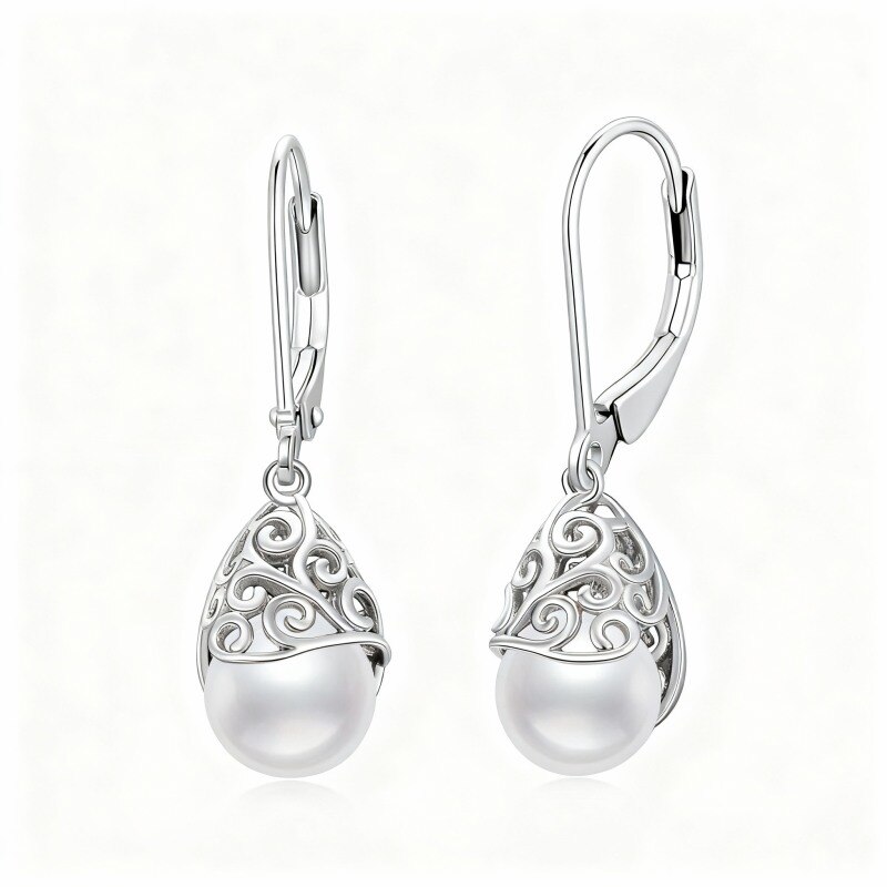 Boucles d'oreilles pendantes en or blanc 10 carats avec perle et fermoir à levier-20