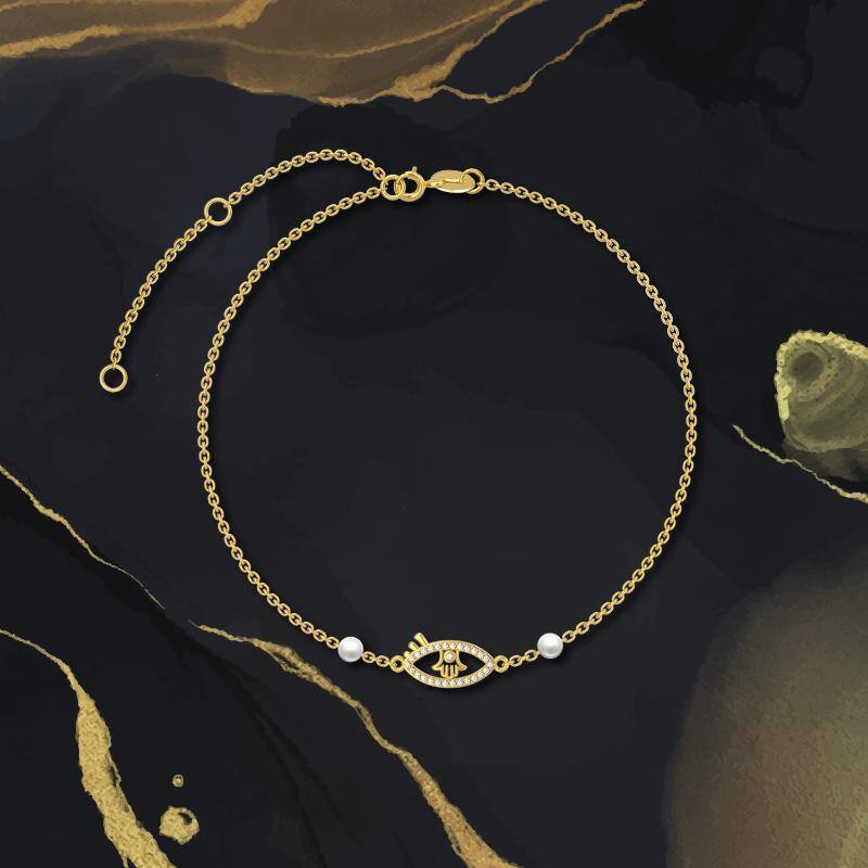 Pulsera con dije de ojo del diablo de perla y oro de 10 quilates-3