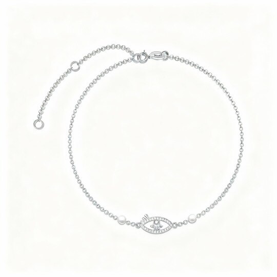 10K White Gold Pearl Evil Eye Charm Bracelet
