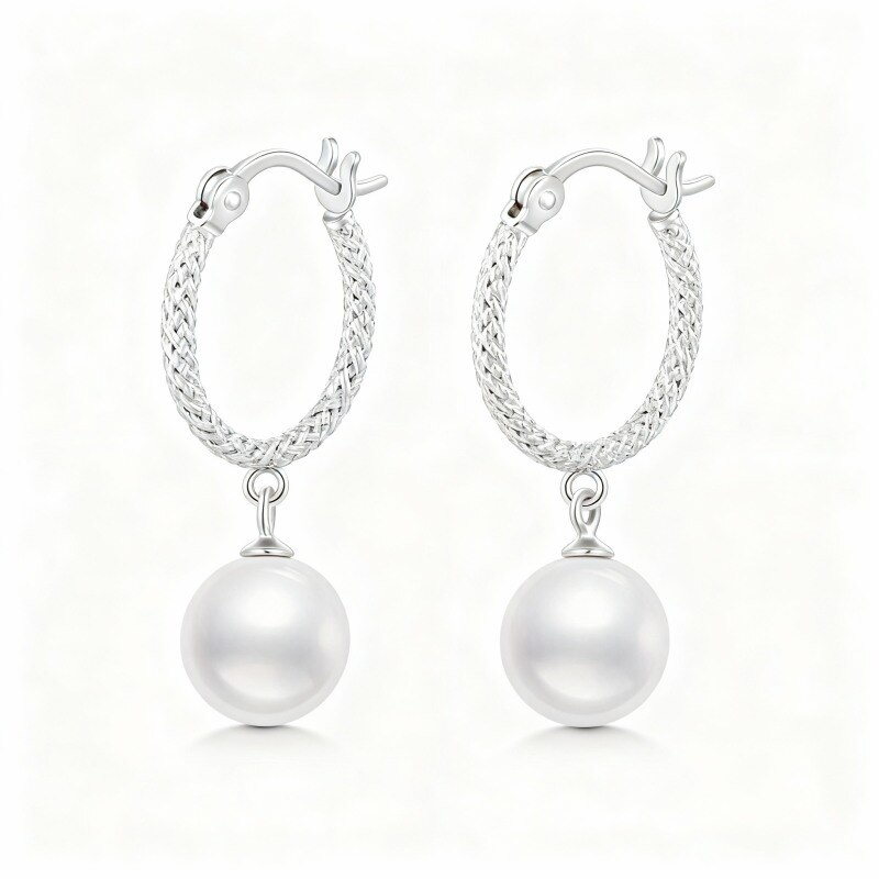 14K White Gold Pearl Flower Of Life Hoop Earrings-1