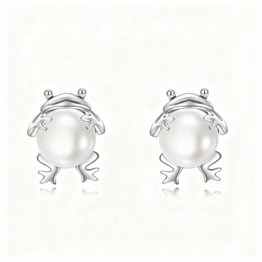 Boucles d'oreilles puces grenouille en or blanc 10 carats et perles
