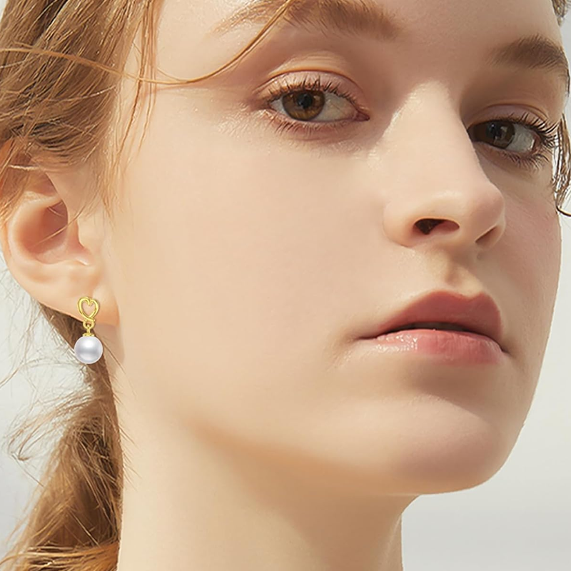 Pendientes colgantes de corazón con perlas y oro de 10 quilates para mujer-2