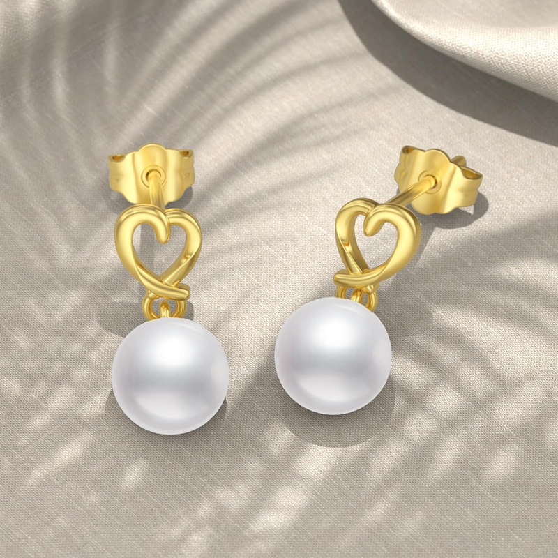 Pendientes colgantes de corazón con perlas y oro de 10 quilates para mujer-3
